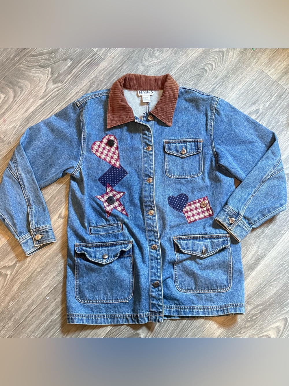 VTG 90’s Haiks denim chore jacket with corduroy collar and heart patchwork